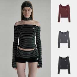 韩国badblood bcac系列美式辣妹条纹一字肩T恤女性感长袖显瘦上衣