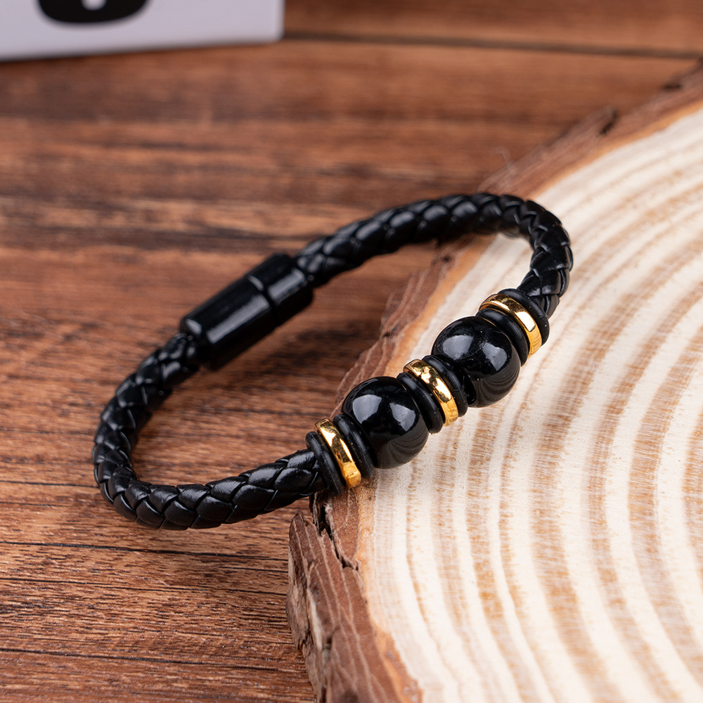 Pu Leather, Alloy Material Solid Color Pattern Retro Punk Solid Color Pu Leather Alloy Men's Bangle Men Cord & Leather Bracelets
