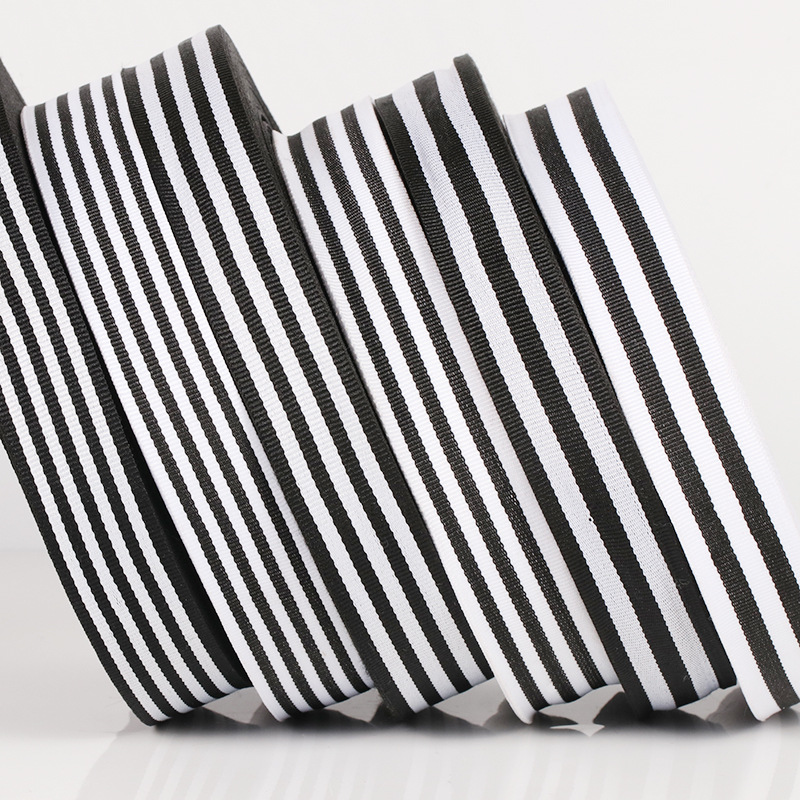 Black and White Striped Encrypted Polyester Plain Woven Ribbon, Inter-color Threaded Ribbon for Clothing Decoration, Wholesale