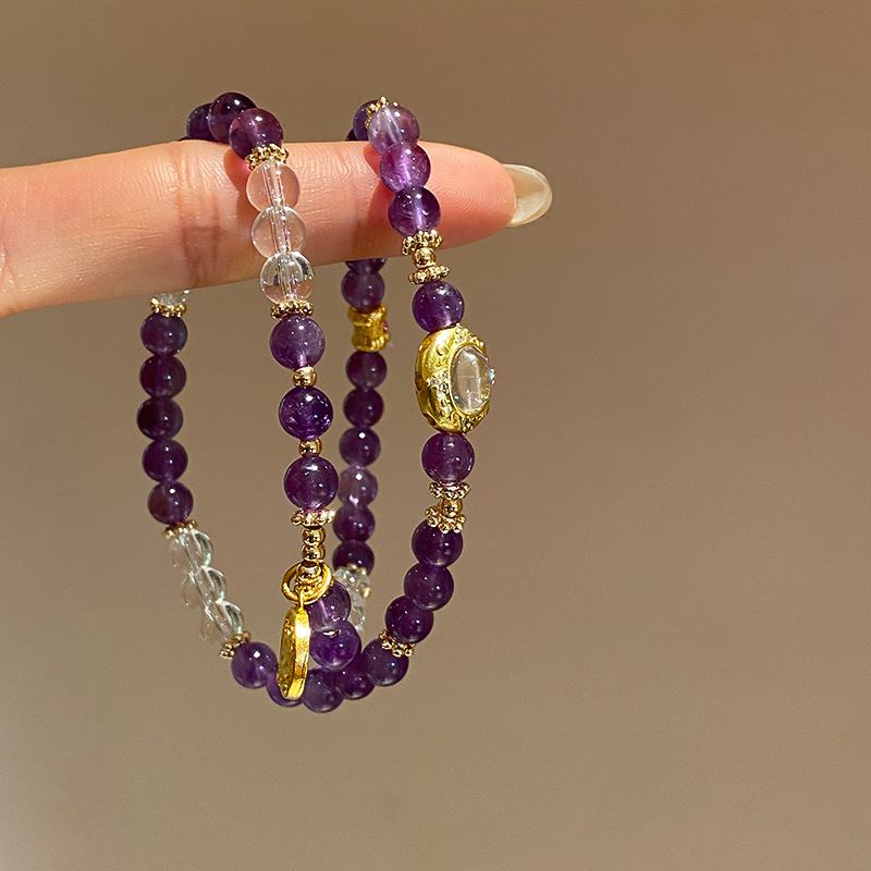 Pulsera de pulsera de cristal amatista de marca redonda de circón apilada, pulsera de lujo ligero, pulsera de alta calidad, diseño de nicho, joyería de mano para mujer