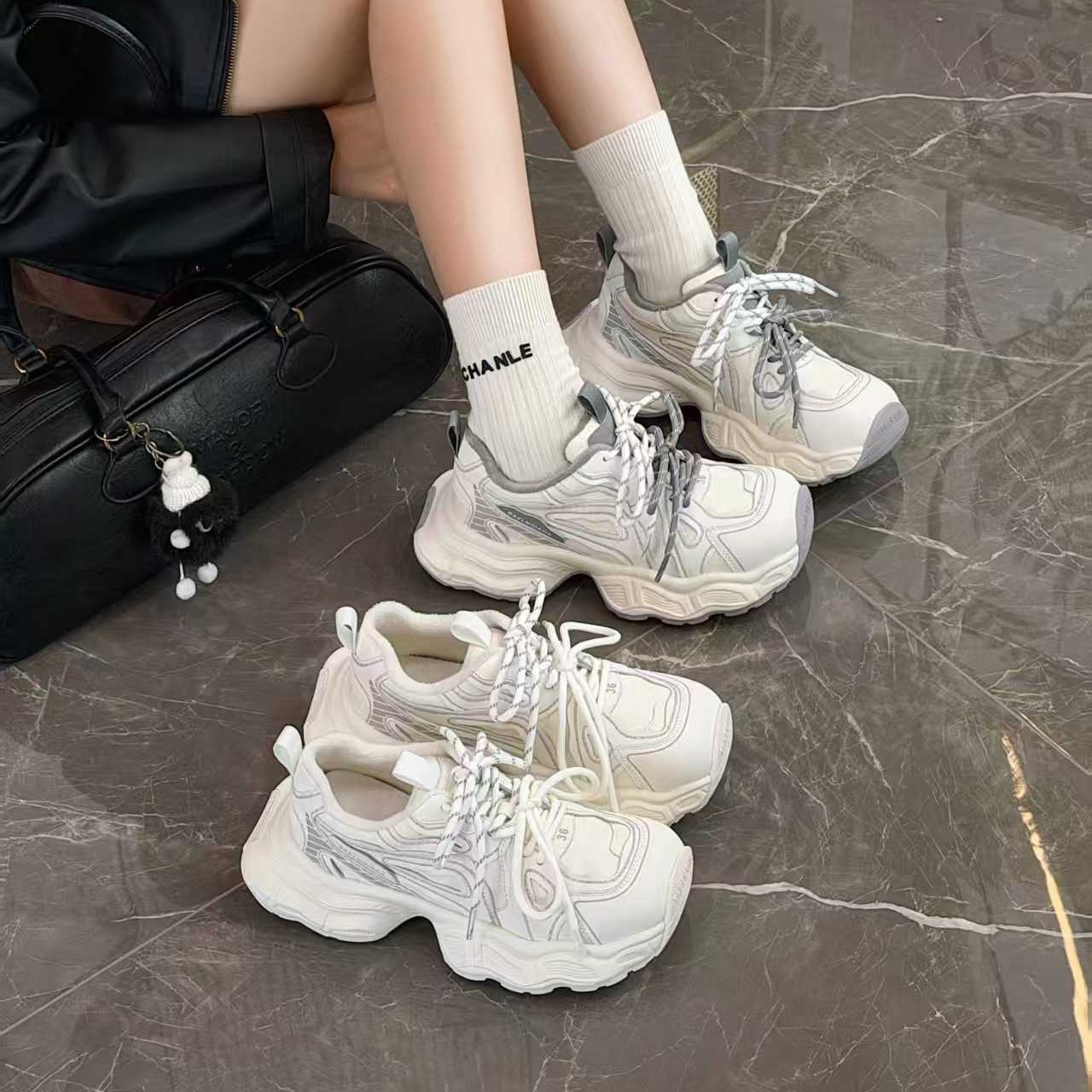 European Genuine Leather Thick-Soled Plush Dad Shoes for Women 2025 New Style Comfortable, Warm, Fashionable and Versatile Casual Sports Shoes