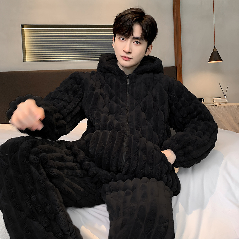Pajamas for Men Winter Coral Velvet Thickeneded Fleece-Lined Three-Layer Quilted Winter Style Teenagers Students Older Children Men's Suits