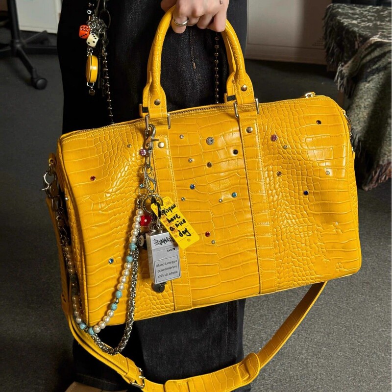 Yellow Anti-Crocodile Leather Texture Colored Diamond Gemstone Niche Crossbody Bag American Street Trendy Satchel Travel Bag for Men and Women