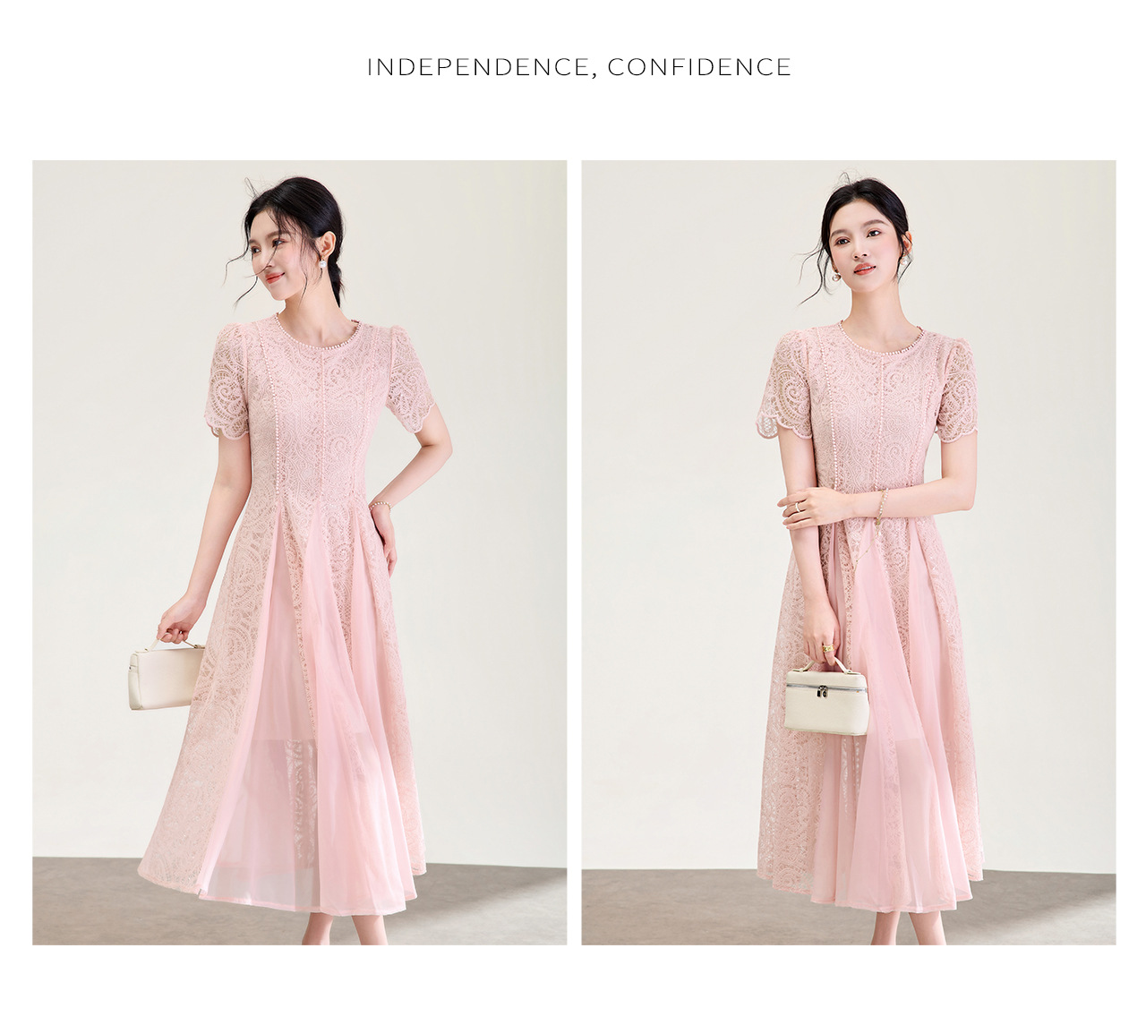 Đầm ren tay ngắn thắt eo phong cách Pháp thanh lịch — màu hồng chi tiết 15