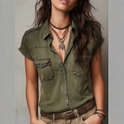 European and American street style hot girl look, trendy lapel work jacket with polo collar, buttoned, solid color, basic foreign trade denim shirt
