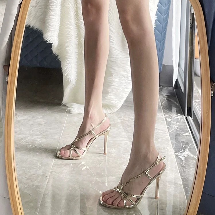 Golden Strap High Heels Women's 2025 New Summer One-line Thin Heel Beautiful Elegant Ladies Sandals