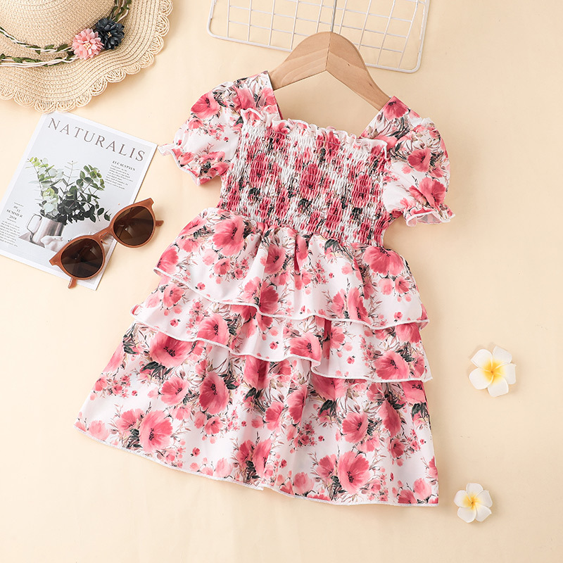 Fashion 2022 Summer Girls' Short-sleeved Floral A-line Dress display picture 3