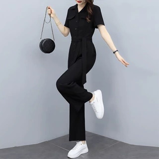 2026新款女装夏季修身高腰连衣裤女黑色显瘦短袖连体裤喇叭裤