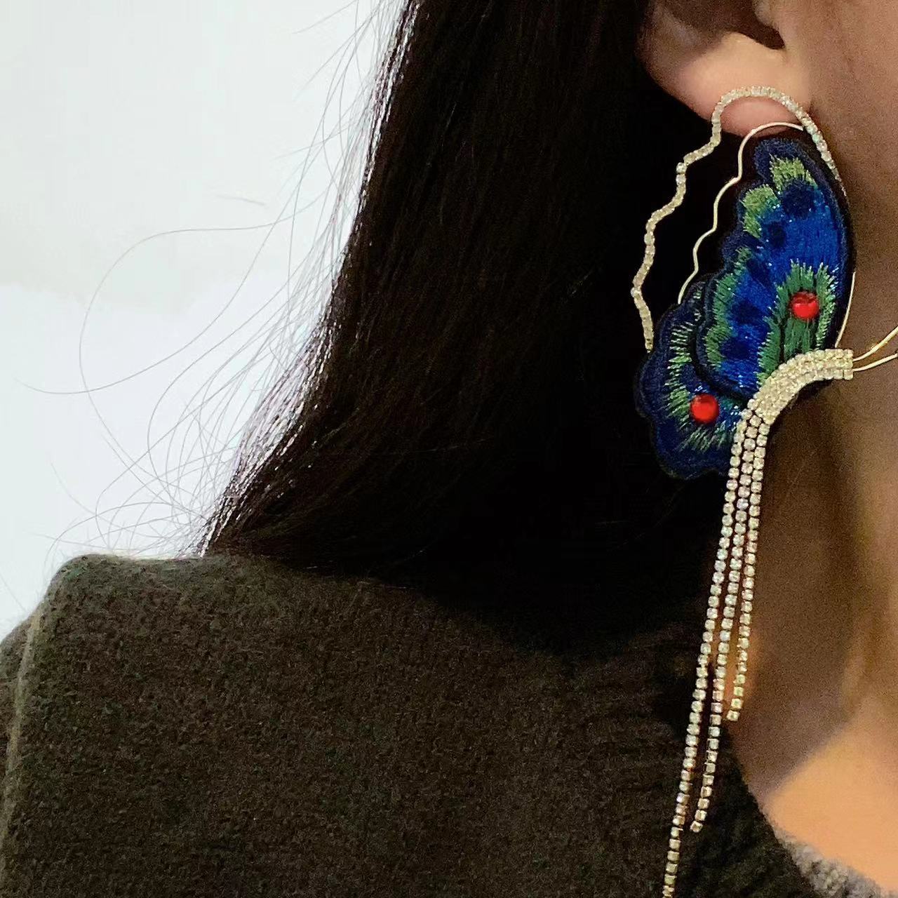 超仙夢幻藍色蝴蝶水鑽流蘇耳環戒指甜美小清新森系優雅淑女飾品女