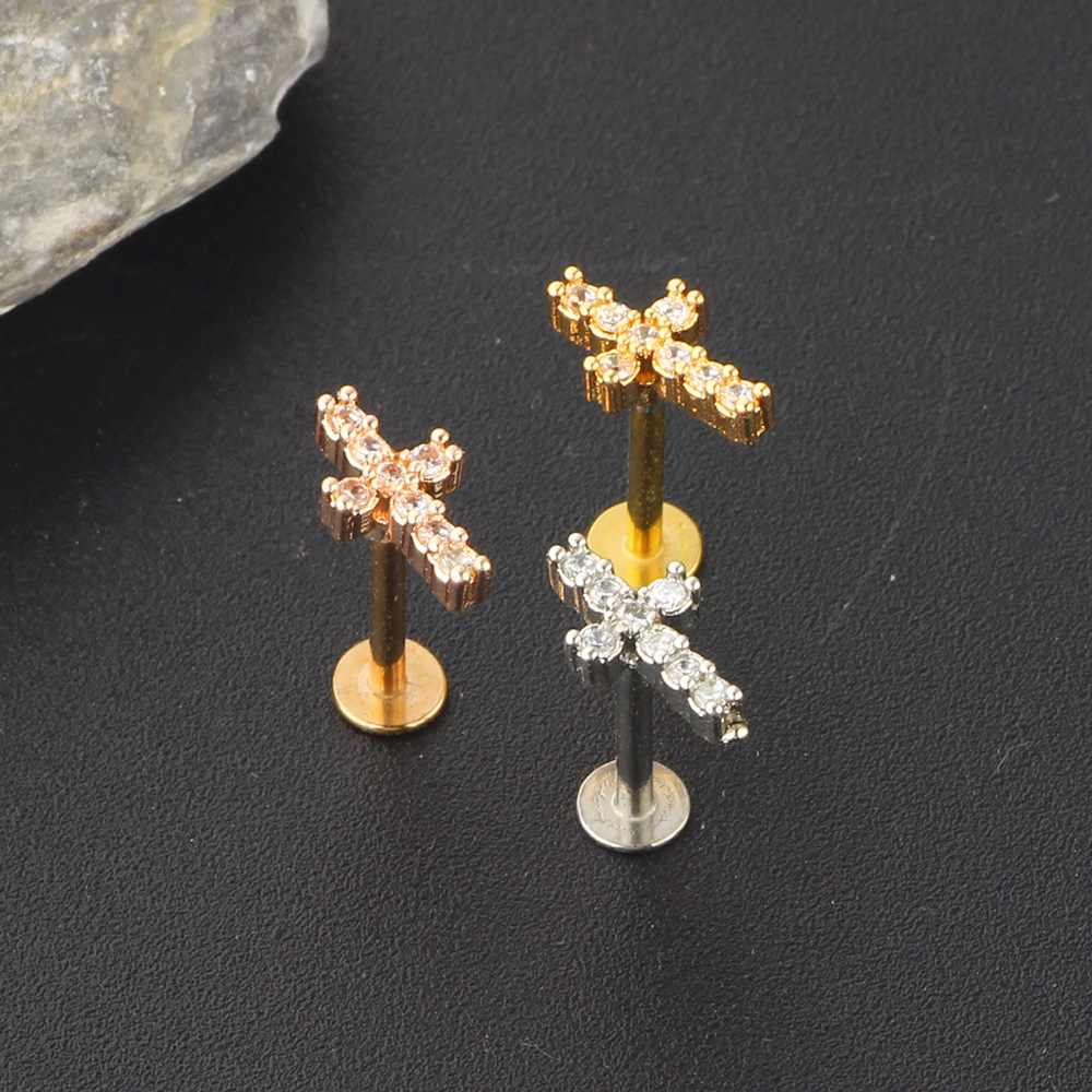 Simple Style Cross Stainless Steel Zircon Ear Studs 1 Piece