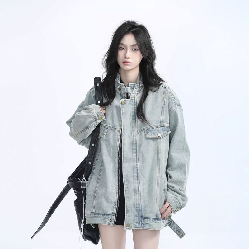 牛仔外套重工水洗机美式春秋季车风宽松潮牌立领夹克中性工装耐磨|undefined