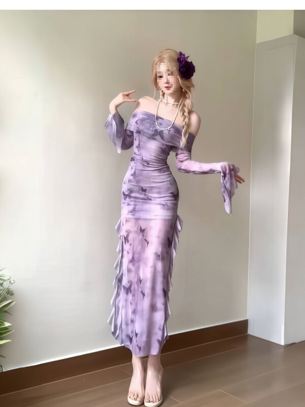 Pure Lusty Style Sexy One-Shoulder Long-Sleeved Dress for Women Early Autum High-End Purple Slim-Fitting Hip-Hugging Long Skirt