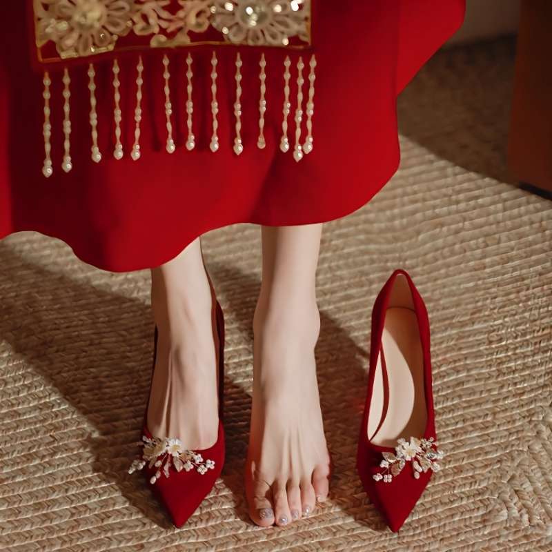 Red Wedding Shoes for Women, Xiuhe Suit, Two-Wear Stiletto Bridal Shoes, 2025 New Style, Pregnant Women's Thick Heel Chinese Dress Shoes