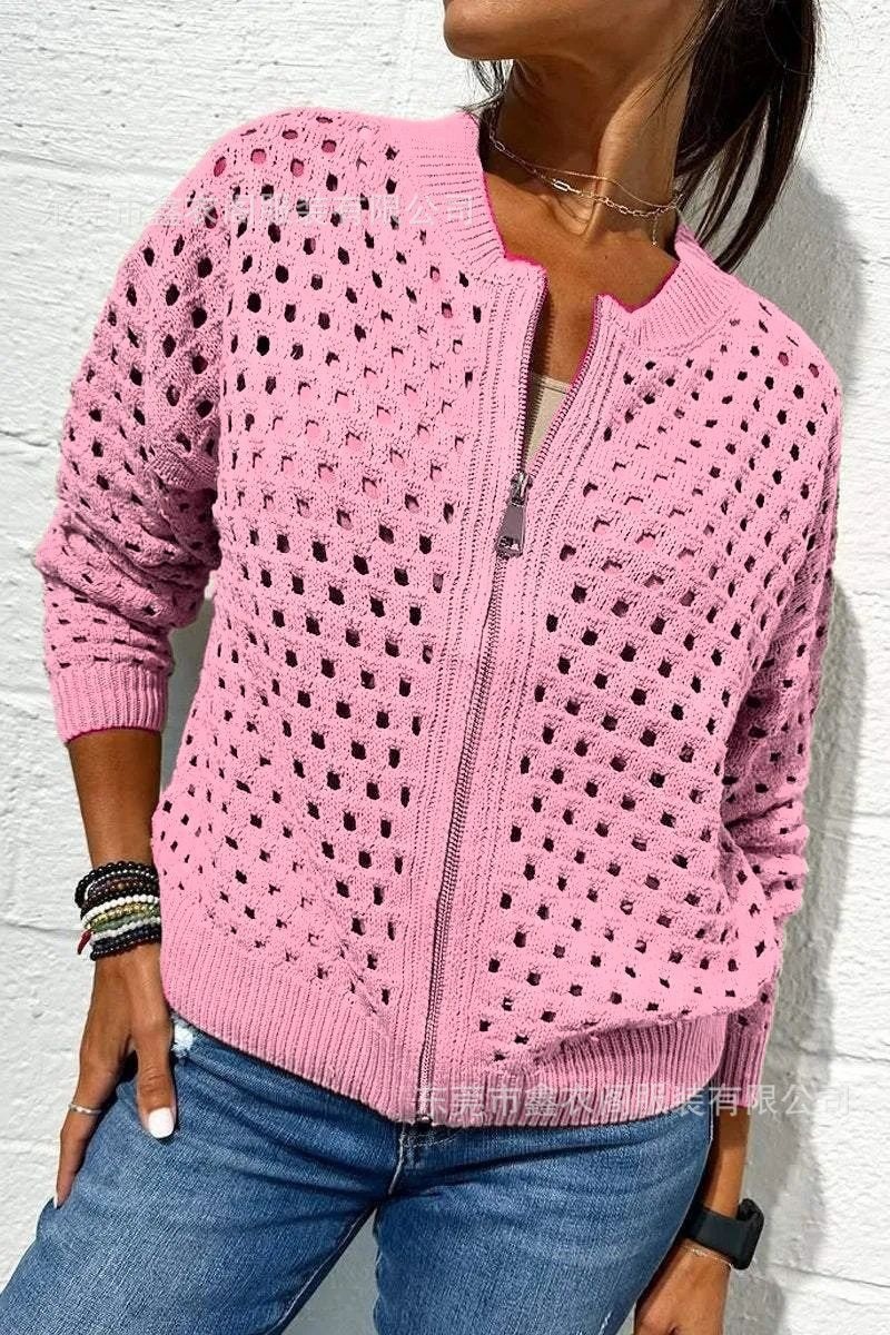 2026 nueva estación independiente de Amazon Europa y Estados Unidos ropa de mujer casual jersey hueco chaqueta con cremallera de punto chaqueta de mujer