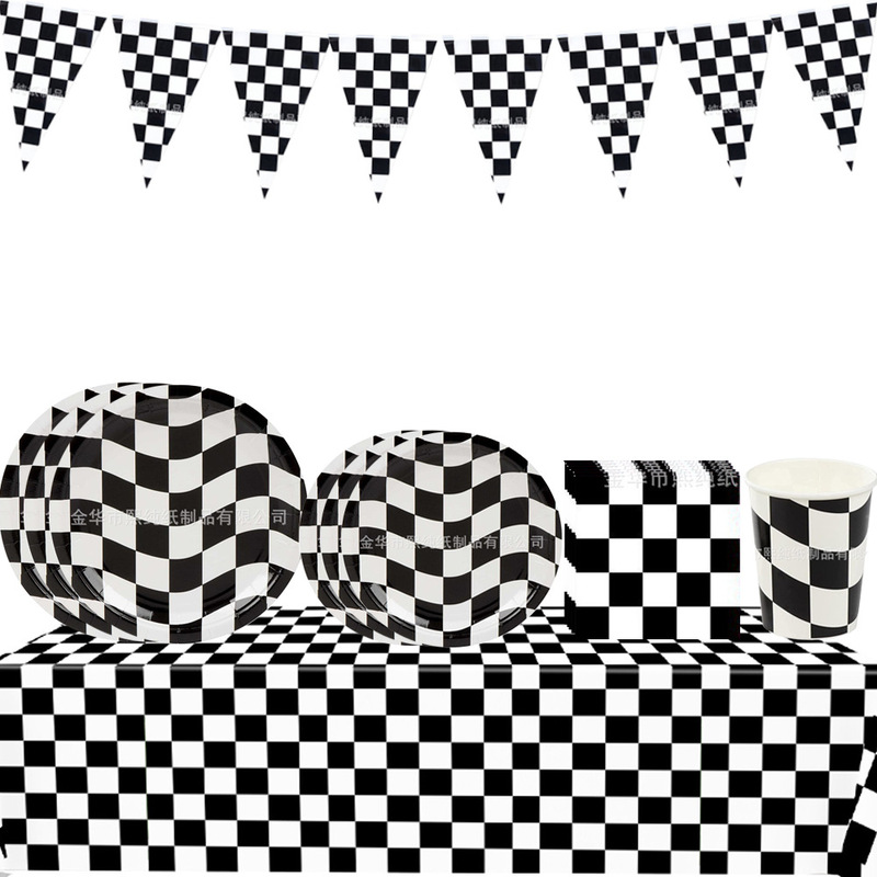 New Racing Black and White Checkered Party Supplies Rear Party Birthday Paper Plate Tablecloth Set Tableware Decoration Arrangement