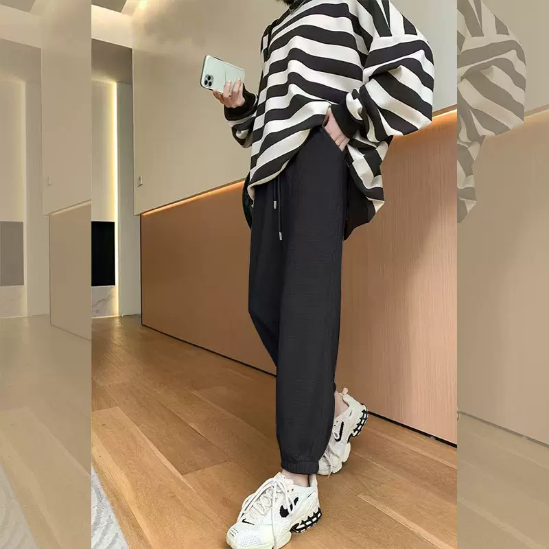 春秋季薄款宽松华夫格运动简约显瘦束脚哈伦裤女小个子休闲卫裤