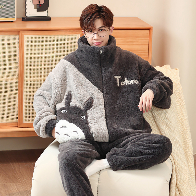Coral Velvet Pajamas Men's Autumn and Winter Fleece-Lined Thickeneded Teenagers Plus Size Flannel Home Clothes Suit Winter