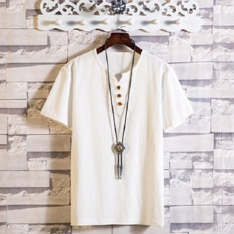 中国風亜麻tシャツ男性半袖夏純色綿麻半袖vネックシャツ中国式男性服百合上着