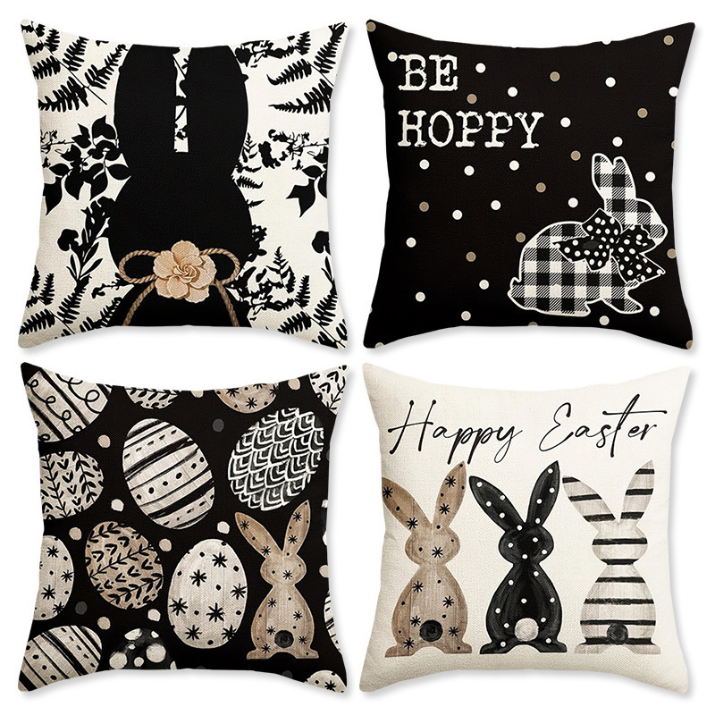 Cross-Border Easter Pillow Cover Black Gold Rabbit Print Bedroom Sofa Decorative Cushion Cover Home Living Room Pillow Cover