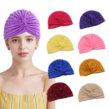 欧美时尚褶皱女士包头帽春秋薄款盘发头巾帽珍珠简约女士干发帽