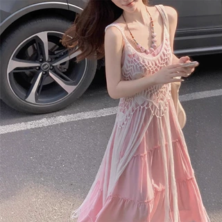 夏季新款小个子穿搭套装粉色女温柔吊带连衣裙度海边假风流苏罩衫