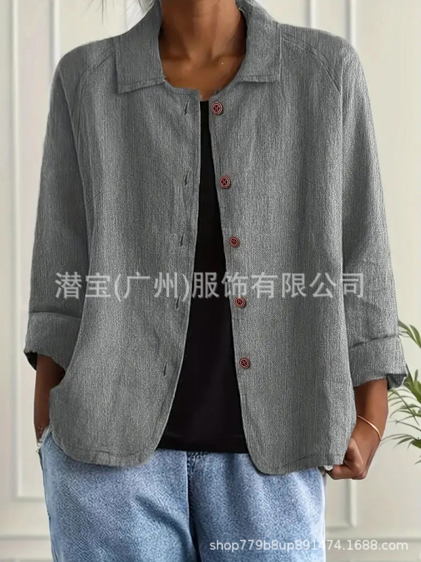 2025新款现货跨境外贸欧美女装纯棉上衣衬衣领休闲显瘦开衫外套女|undefined