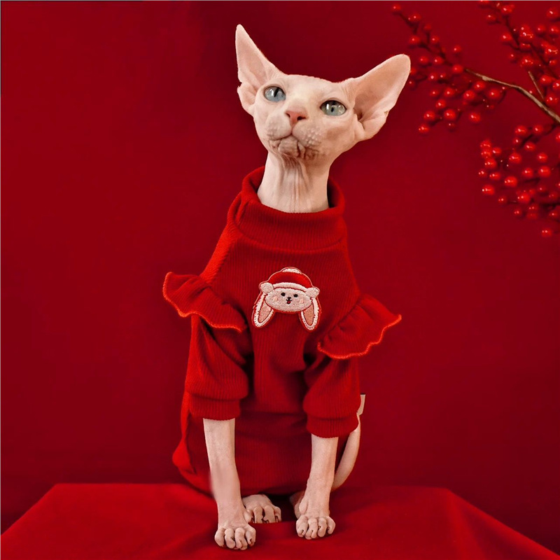 宠物秋冬拜年服中国风红色喜庆永禾斯芬克斯无毛猫衣服德文猫衣服