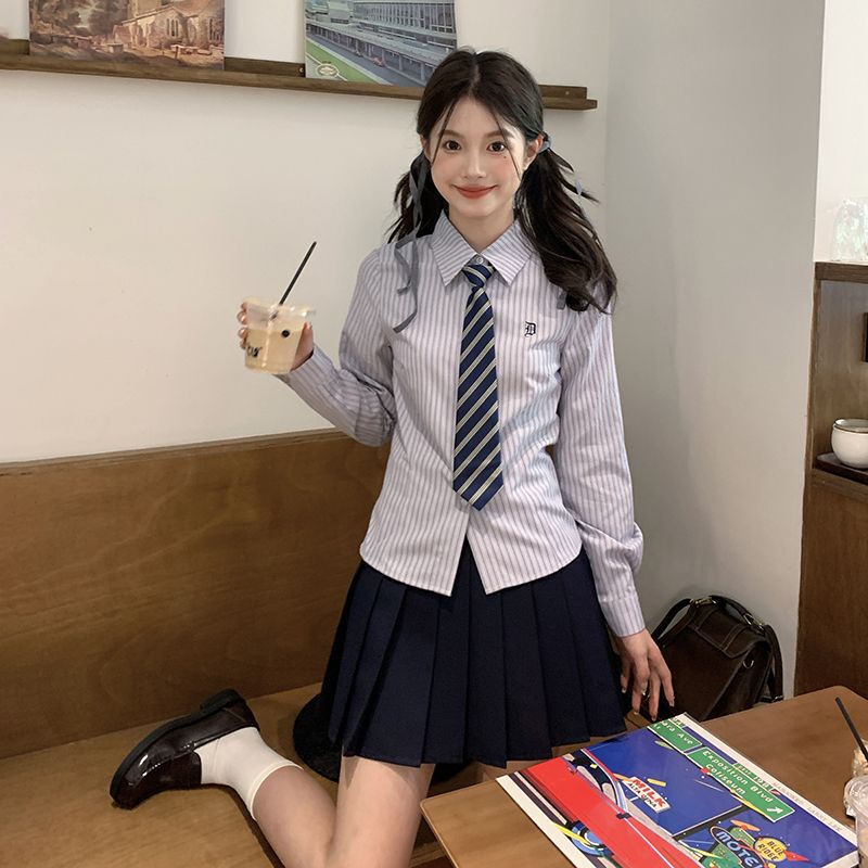 Embroidered Blue suit Striped JK Original Uniform Shirt Tight Waist Long Sleeve Top 2024 College New Shirt