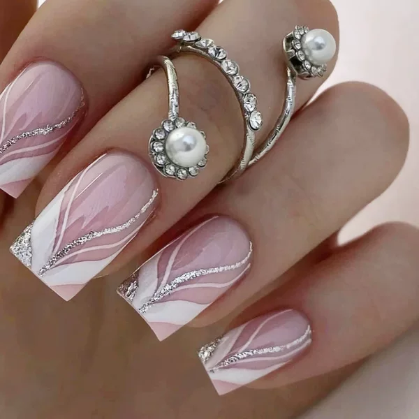 Minimalist European-Style Fashion Nail Art Pure Desire Silver Pink Commuter Versatile Nude Pink Nail Tips Wearable Nails 24 Pieces
