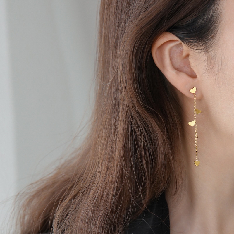 Aretes Pendientes de Dije de Corazón con Flecos Largos de Acero de Titanio para Mujer