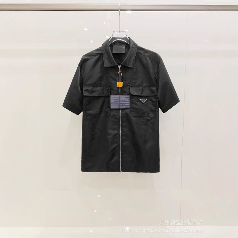 High Version P Home 25Fw Recycled Nylon Pure Color Double Flap Pocket Pants Zipper Short-Sleeved Shirt Casual Loose Same Style for Men and Women