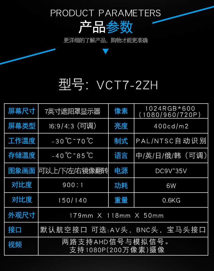 Truck 7inch AHD high-definition vehicle-mounted display, IPS full-view display, universal for forklifts, trucks, semi-trailers, buses, cross-border use