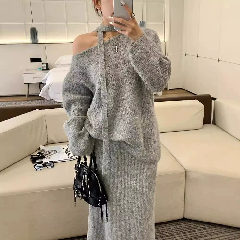 Новинка осени и зимы 2025, простой ленивый шерстяной вязаный топ с высокой талией, юбка средней длины, комплект из двух предметов для женщин