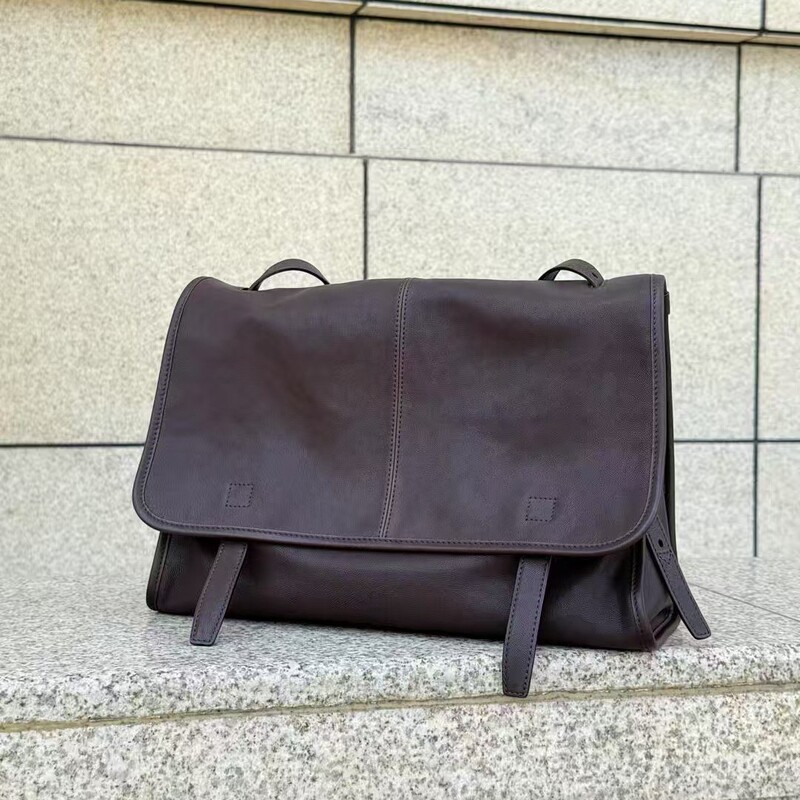Qiu Jia Vegetable-Tanned Sheepskin Messenger Bag, Vintage Large-Capacity Shoulder Crossbody Bag, Relaxed Style, Unisex
