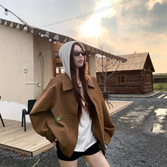 美拉德复古仿麂皮绒长袖外套女2025秋季新款宽松翻领休闲机车夹克
