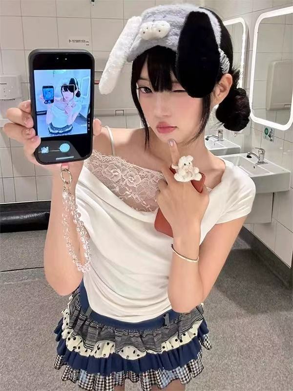 美式辣妹斜肩t恤女夏季新款白色花边蕾丝短袖显瘦纯欲风露肩上衣|undefined