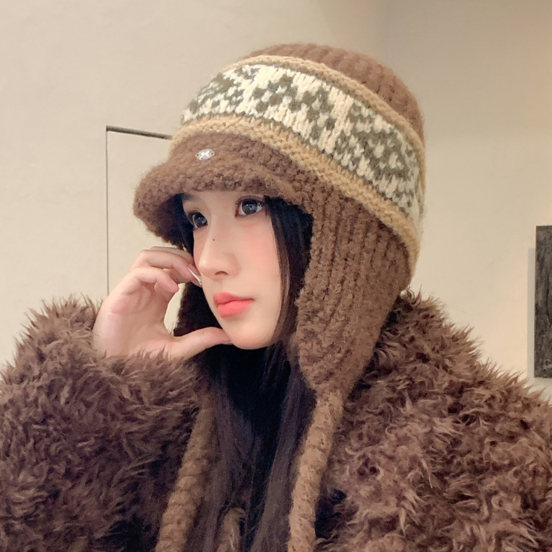 Fair Isle Style Retro Knitted Wool Autumn Winter Fleece Lined Thickened Warm Ear Protection Versatile Large Head_voghion.com