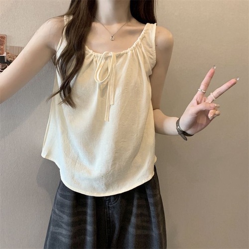 Pure Desire Camisole Sleeveless Vest Women Summer Thin Women's Drawstring Round Neck Slim Fit Short Top Small Shirt Women