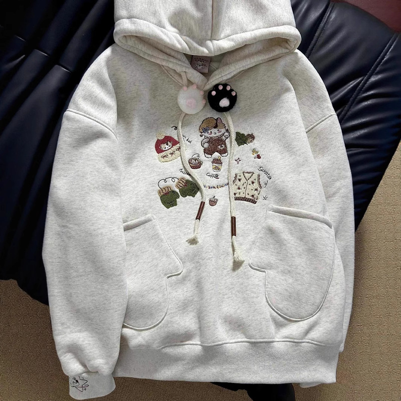 Korean Winter New Cute Cat Print Hooded Sweatshirt Girly Design Loose Casual Jacket Top Korean Winter New Cute Cat Print Hooded Sweatshirt Girly Design Loose Casual Jacket Top