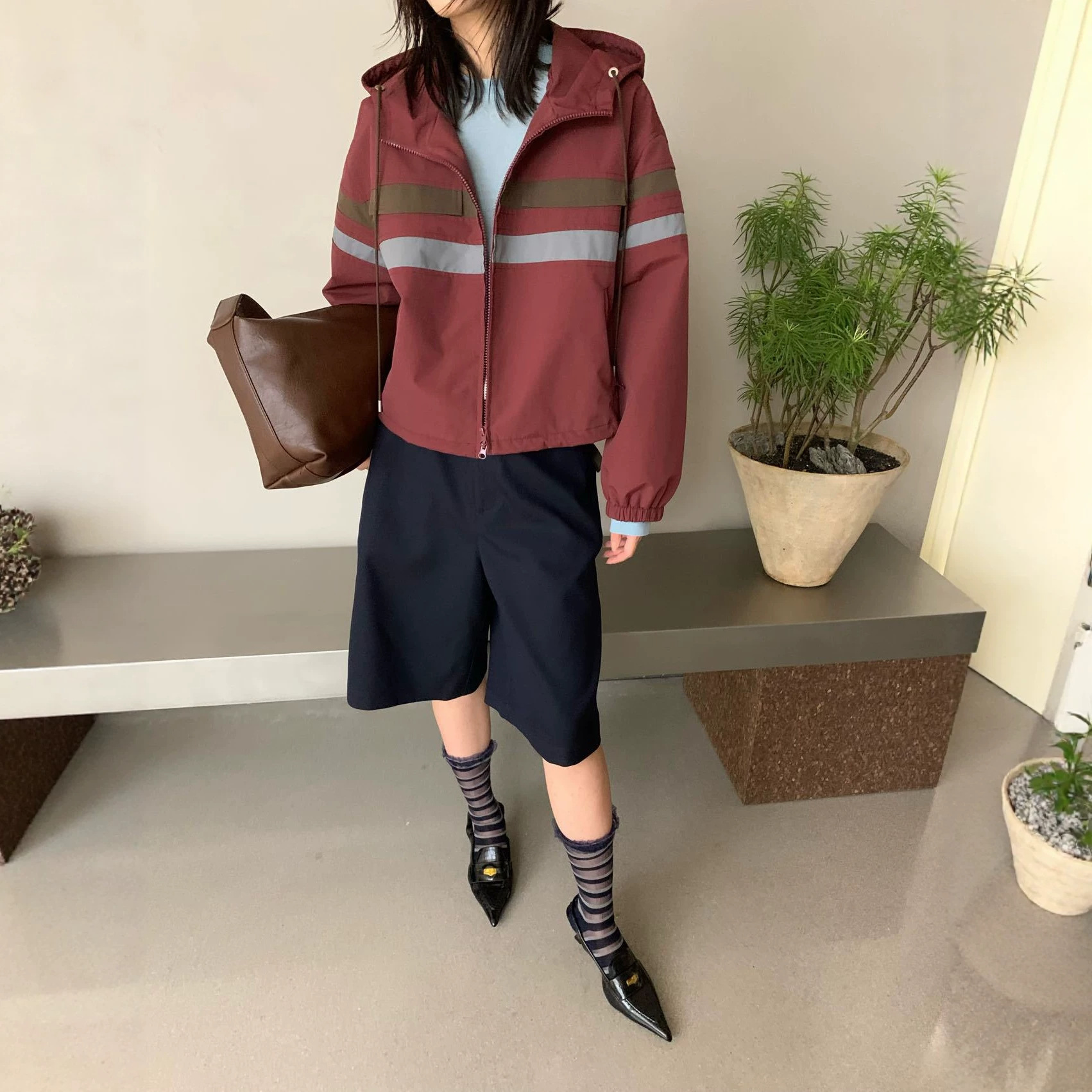 Sijiqing Women's Clothing, Camanshi Light Summer Korean Style Color Block Hooded Short Windbreaker Jacket