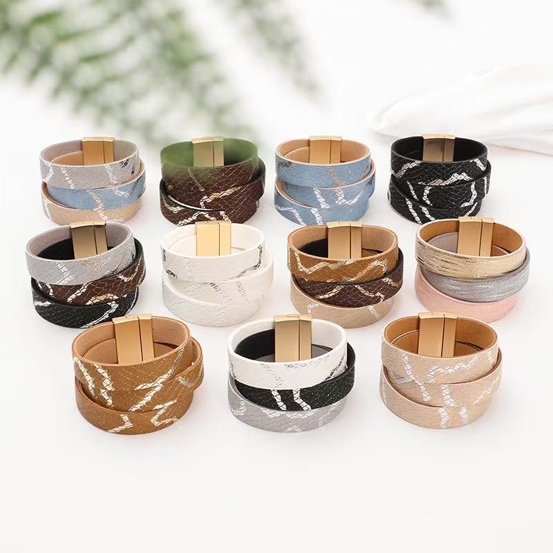 Cross-Border New Pu Leather Women's Wide Bracelet with Contrasting Colors and Wide Bracelet Bohemian Style Magnetic Bracelet Cross-Border New Pu Leather Women's Wide Bracelet with Contrasting Colors and Wide Bracelet Bohemian Style Magnetic Bracelet