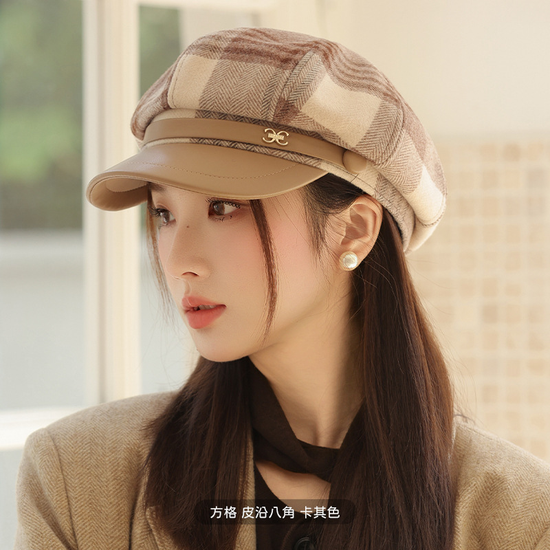 2025新款皮檐拼接韩版格子八角帽女秋冬季时尚休闲百搭鸭贝雷帽子|undefined