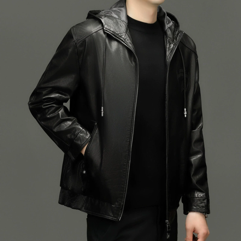 Осенний кожаный худи, куртка, натуральная кожа, slim fit