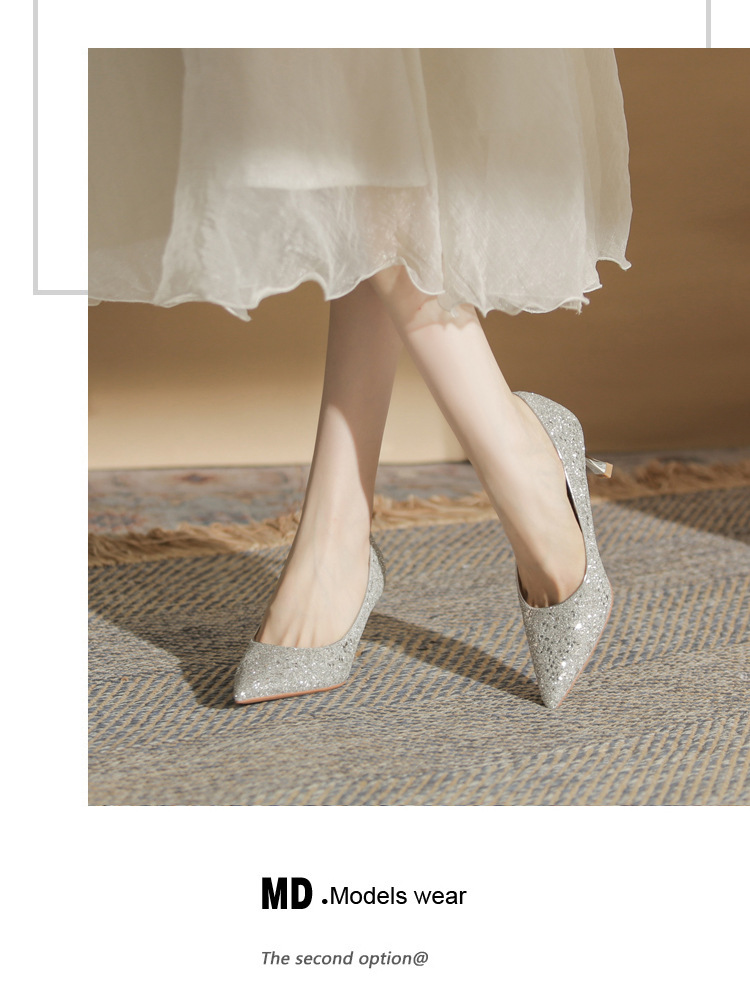 Giày cao gót mũi nhọn sequin lấp lánh CG6018 – miệng nông, gót nhọn — Màu Sâm panh chi tiết 13
