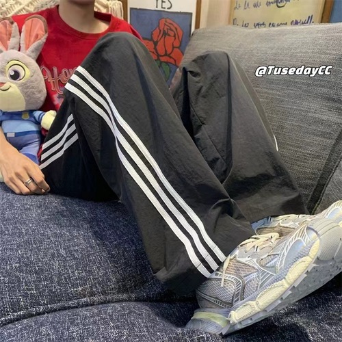 Three Stripes Stitched Casual Pants 2024 Autumn Quick-Dry Summer American Street Wide Leg Long Pants Loose Pants