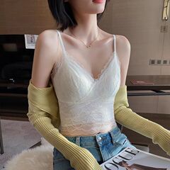 キャミソール レディース 夏 薄手 胸パッド付き フレンチレース 美背中 オールインワンブラジャー 外でも着用可能