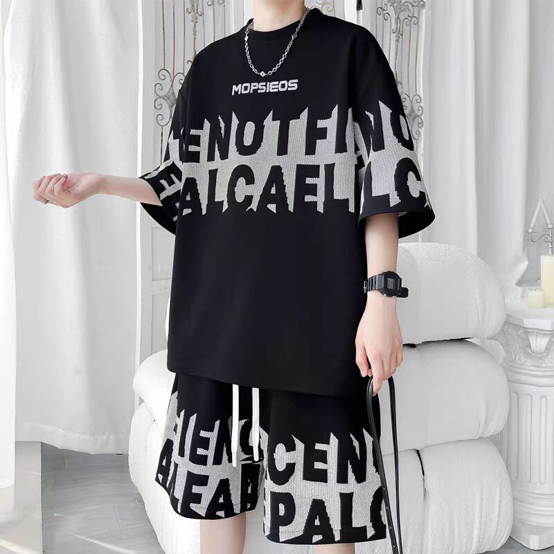 Summer Trendy Hong Kong Style T-Shirt Trendy Loose Short-Sleeved Shorts Suit High-End Handsome Plus Size Casual Sportswear