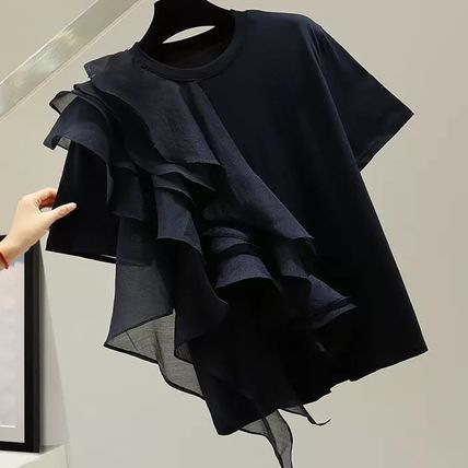 2025 Trendy Korean Style New Style Asymmetrical Ruffled Stitching Round Neck Short-Sleeved Loose Casual T-Shirt Women's Tops