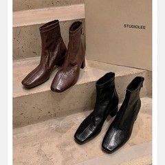 超软羊皮葡萄妈同款方头粗跟韩系后拉链高跟裸靴马丁靴女瘦瘦短靴