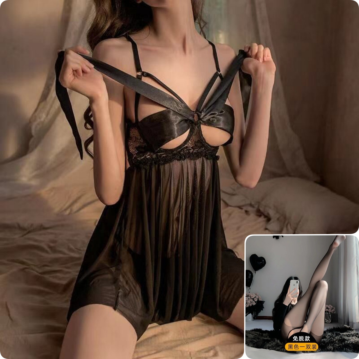 블랙 [레이스업 나이트가운+팬츠] + 블랙 팬티스타킹